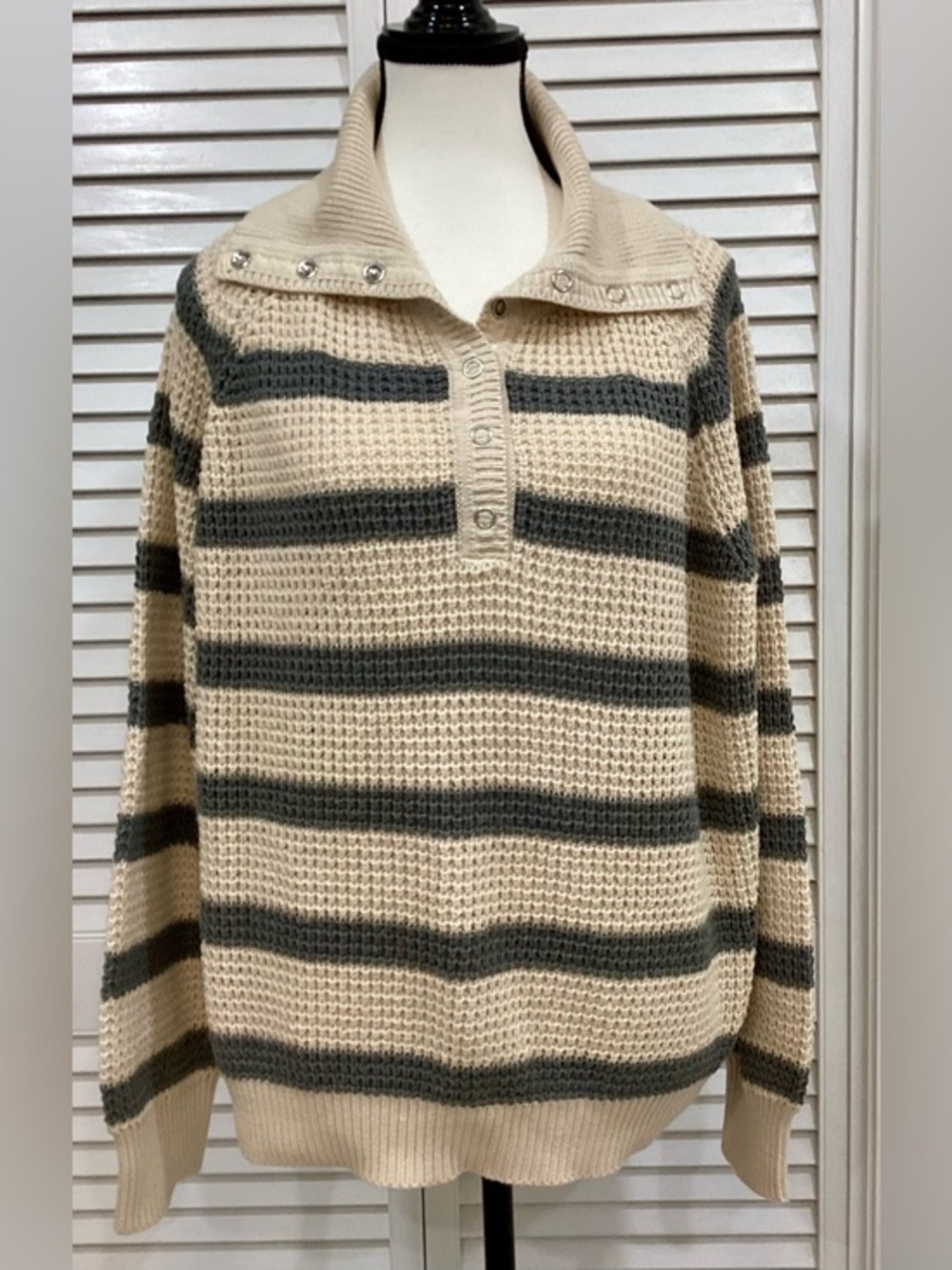 RDI Chunky Waffle Knit Striped Sweater XL Tan Gray 1/4 Snap Collar Cotton Blend